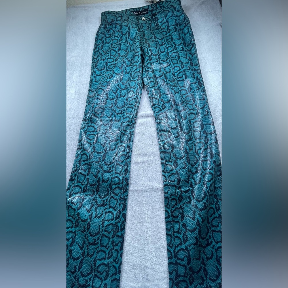 Teal Snake Print Straight-Leg Pants